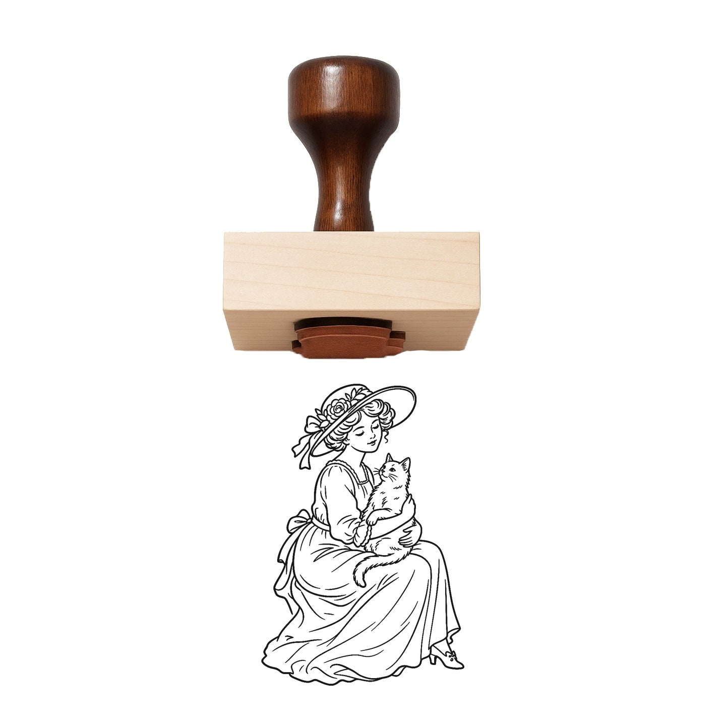 Vintage Woman With Cat Rubber Stamp