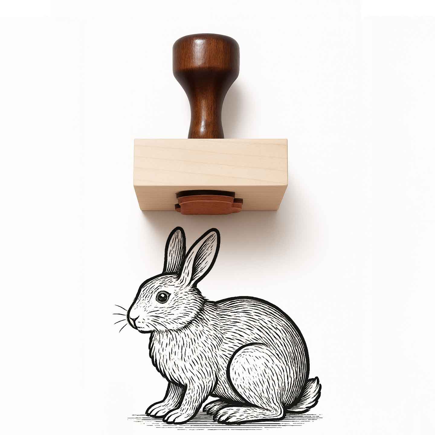 Rubber stamp with a wooden handle and a rabbit illustration on a white background
