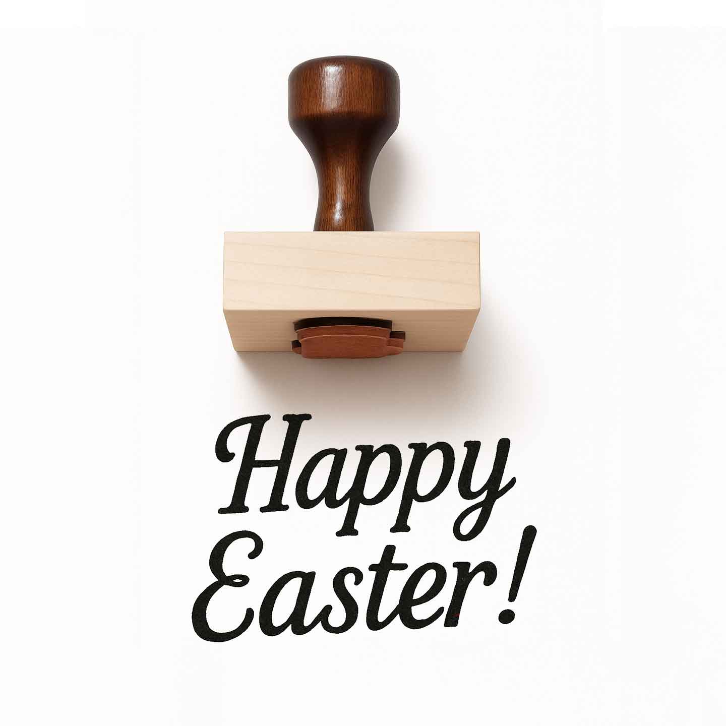 Wooden stamp with 'Happy Easter!' text on a white background